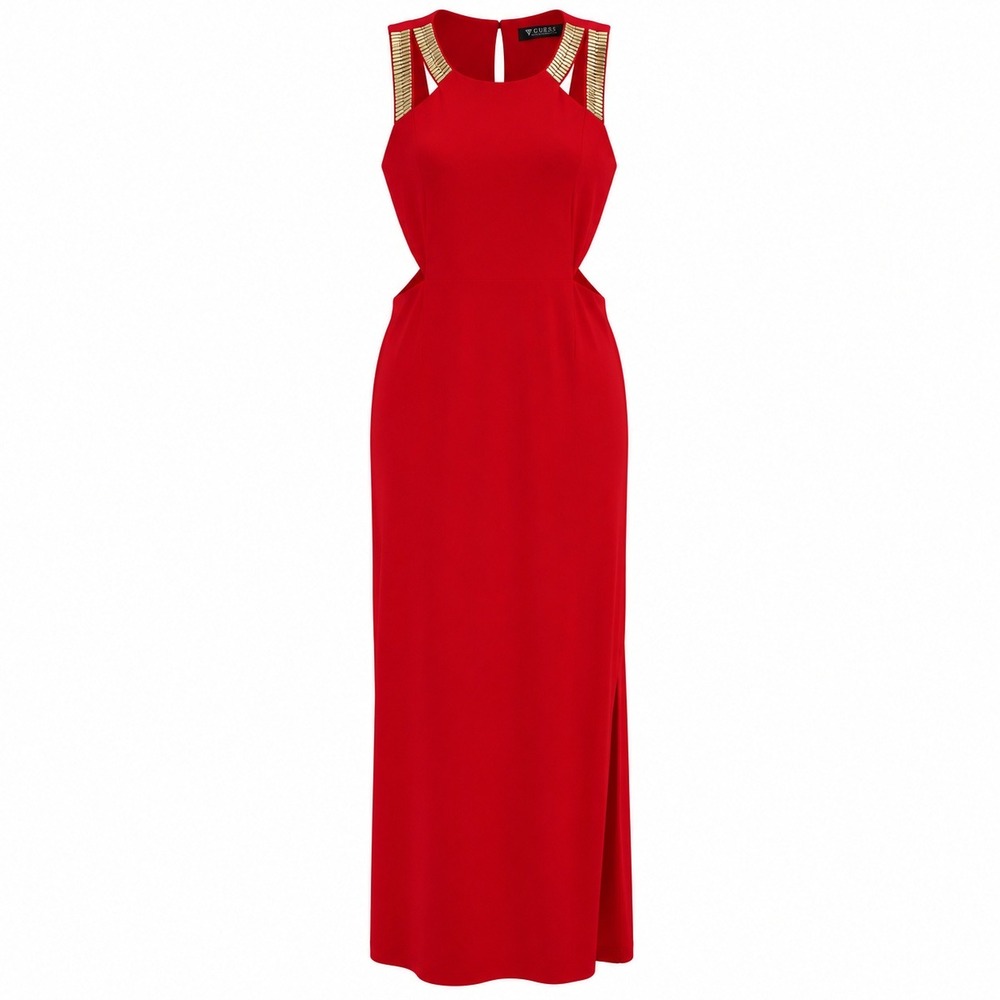 Guess Maxi Gown Women 8 Red Good Beaded Cut-Out Slit GDRM1981
